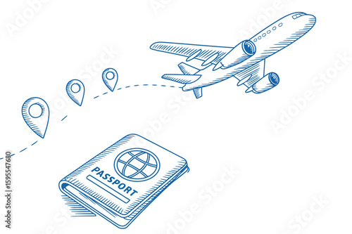 Sketch of a passport with airplane and location pin markers suggesting travel and international destinations