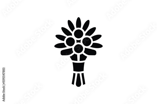 A simple black and white graphic illustration of a bouquet of flowers tied together nicely