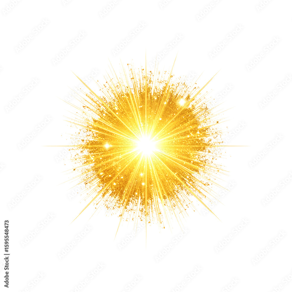 Obraz premium Shining golden light burst with glitter effect on transparent background