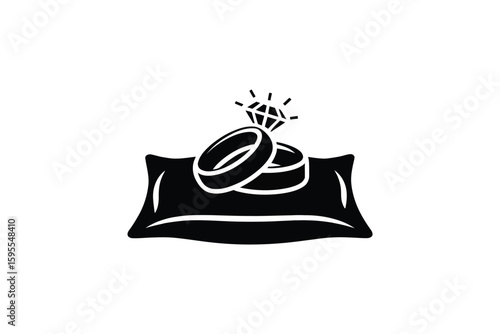 Illustration of two wedding rings with a diamond on a pillow in black and white style