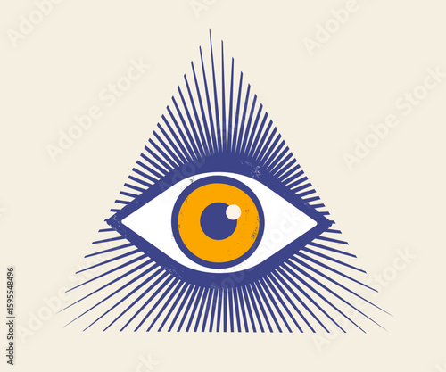 Vector illustration of pyramid with eye in retro vintage style. All seeing eye.