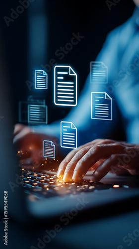 Hands working on laptop with digital document icons representing cloud storage and data management processes online.