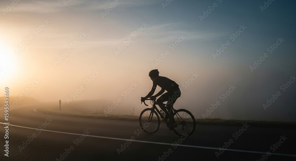 Silhouette cyclist riding bike on road at sunrise for fitness and cardio workout Silhouette cyclist riding bike on road at sunrise for fitness and cardio workout