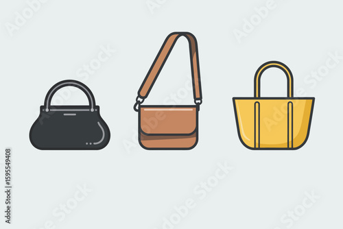 Three different style handbags in black brown and yellow on a white background vector illustration