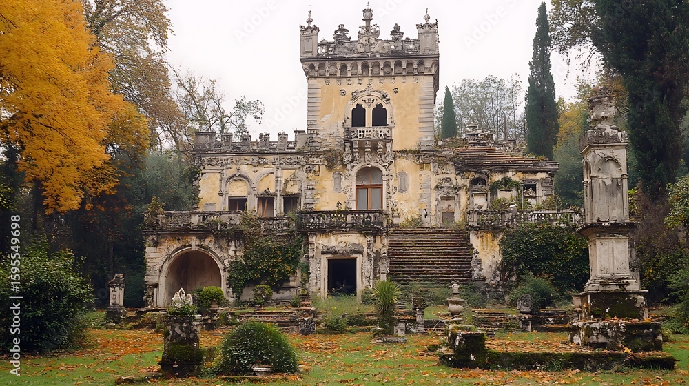 Obraz premium Picturesque, decaying mansion with autumnal gardens.