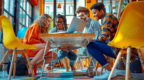 Creative team of young professionals collaborating in a modern office, vibrant colors, dynamic poses, innovative ideas