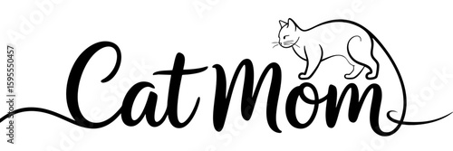Cat Mom Hand Lettering with Cute Cat Line Art – Black and White Pet Lover Quote for T-Shirts, Mugs, Stickers, Sublimation, Decor
