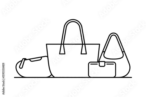 Line art illustration of a set of handbags and a small purse on a white background surface