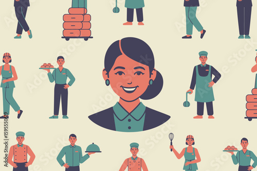 Illustration of hotel staff including chefs waiters and a hotel manager character design style