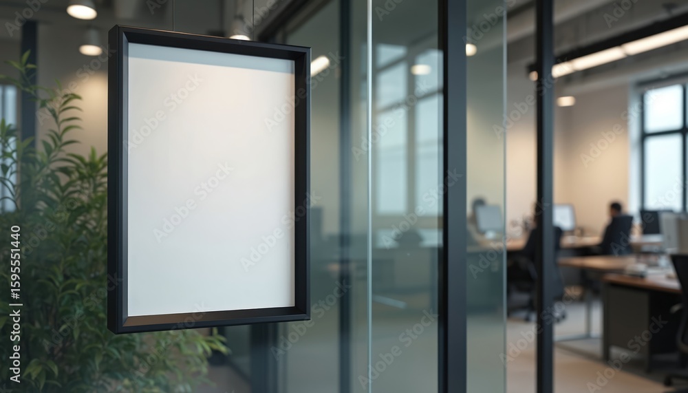 Blank poster in black frame on glass wall in modern office interior. Empty space for text or advertisement. Clean, simple, minimal design for corporate presentation or company announcement. Blank poster in black frame on glass wall in modern office interior. Empty space for text or advertisement. Clean, simple, minimal design for corporate presentation or company announcement.