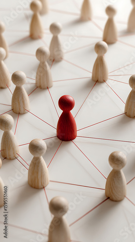 Red wooden figure connected to a network symbolizing leadership teamwork and connectivity