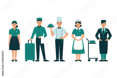 Hotel staff members standing in a row wearing uniforms and ready to serve the customers well today