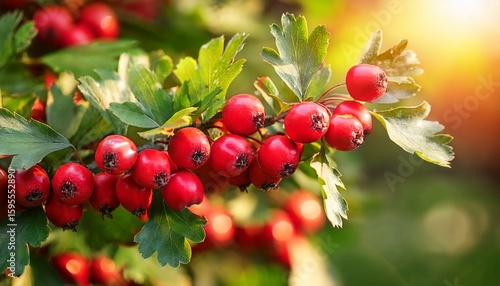 vivid garden scene with bright red hawthorn berries on green branches