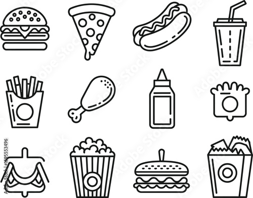 Collection of hand drawn fast food icons for graphic design and menus