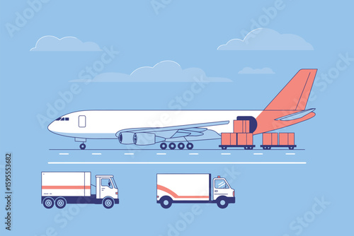Illustration of a cargo plane being loaded with boxes and two trucks waiting nearby on the tarmac