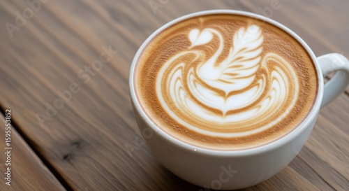 Fototapeta Naklejka Na Ścianę i Meble -  Close-up of a white coffee cup filled with latte art depicting a swan with a heart, placed on a wooden surface.