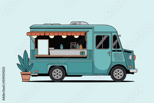 Illustration of a teal food truck with awning and plant pot on a light blue background