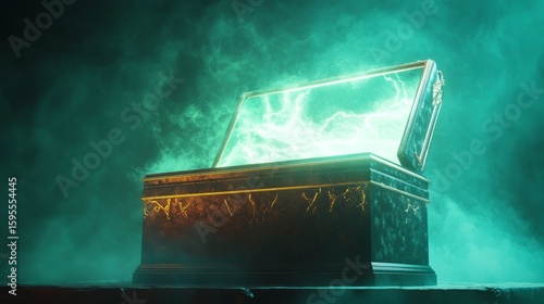 Surreal casket releasing a miniature pastel storm on an emerald green background. Pandora's box.