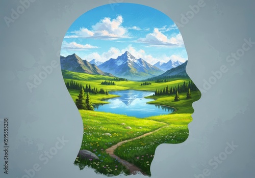 Tranquil Mind: Idyllic Nature Landscape Inside Human Head Silhouette Representing Inner Peace