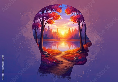 Serene Nature Landscape in Human Head Silhouette for Inner Peace & Mental Well-being