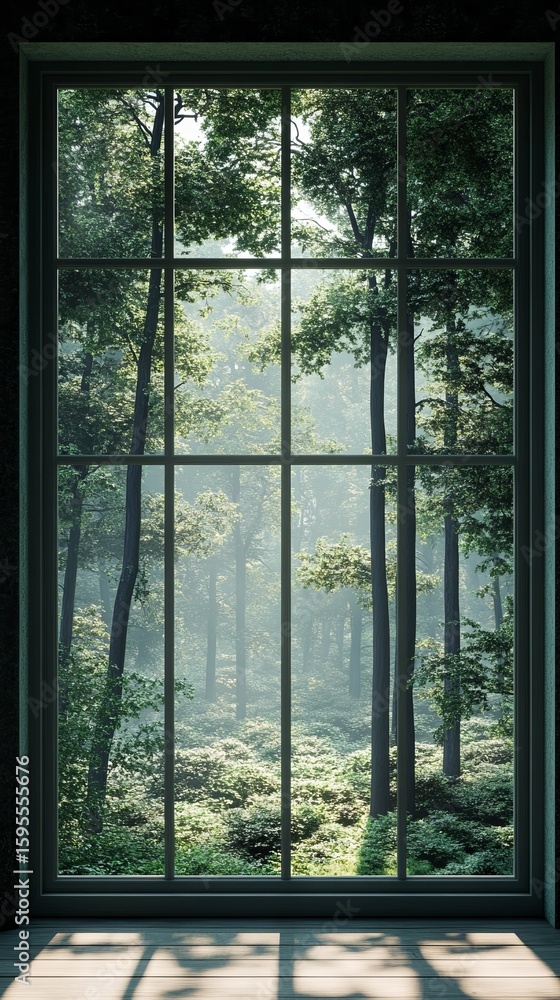 Naklejka premium Surreal window view of a glass forest on a green backdrop. AI generated fantasy landscape.