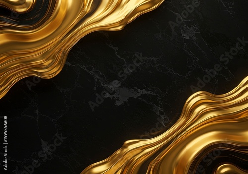 Opulent Gold Liquid Waves on Black Marble: Elegant Abstract Luxury Background with Copy Space