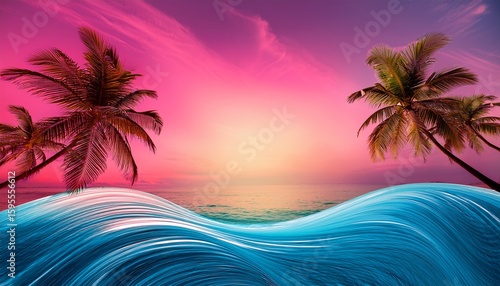 colorful tropical scene with palm trees sun and blue waves against a pink background