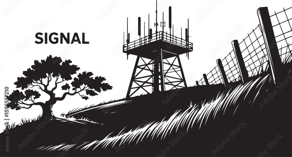 Fototapeta premium Communication tower on grassy hill with tree and fence antenna broadcast