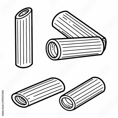Rigatoni pasta – bold cylindrical pasta outlined in hand-drawn black ink style

