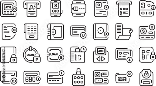 Financial transaction icons with various payment methods and security features finance