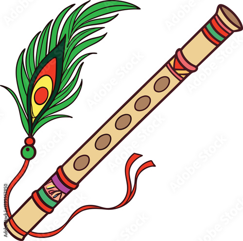 Musical flute with peacock feather: A decorative flute adorned with a vibrant peacock feather, symbolizing artistry and heritage. It's a visual symphony of culture.