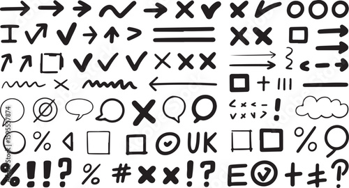 Hand drawn symbols and icons collection arrows checks