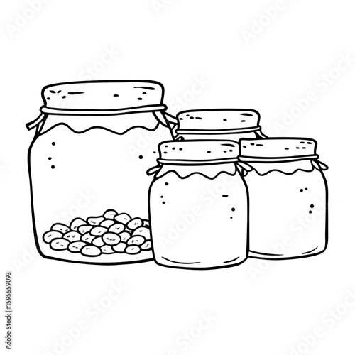Mason jars filled with bulk goods in simple hand-drawn style  