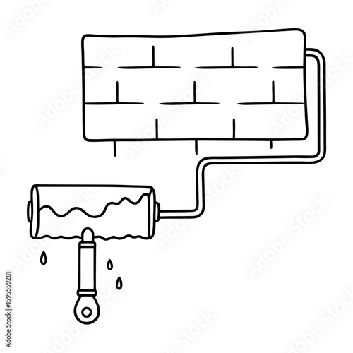 Paint roller with dripping paint near unfinished brick wall  