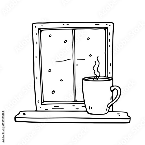 Mug on wooden windowsill with steaming drink and simple window  