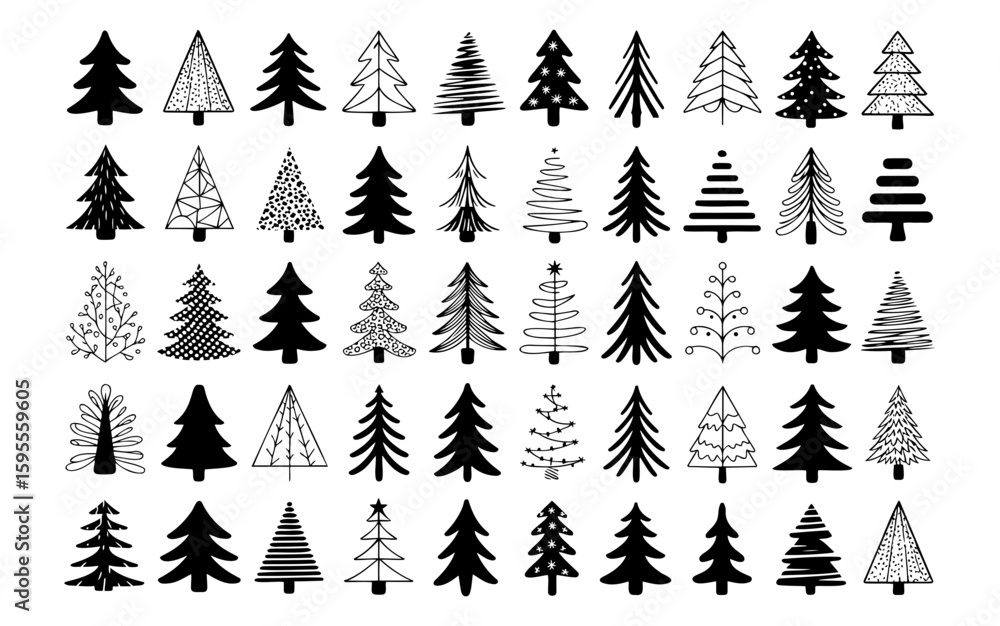 Obraz premium Collection of forty two hand drawn christmas trees in various styles and designs arranged in rows and columns