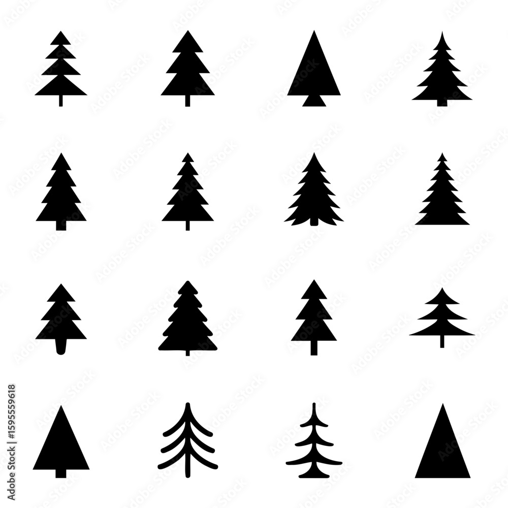 Obraz premium Collection of sixteen stylized christmas tree icons in black silhouette arranged in a rectangular grid pattern