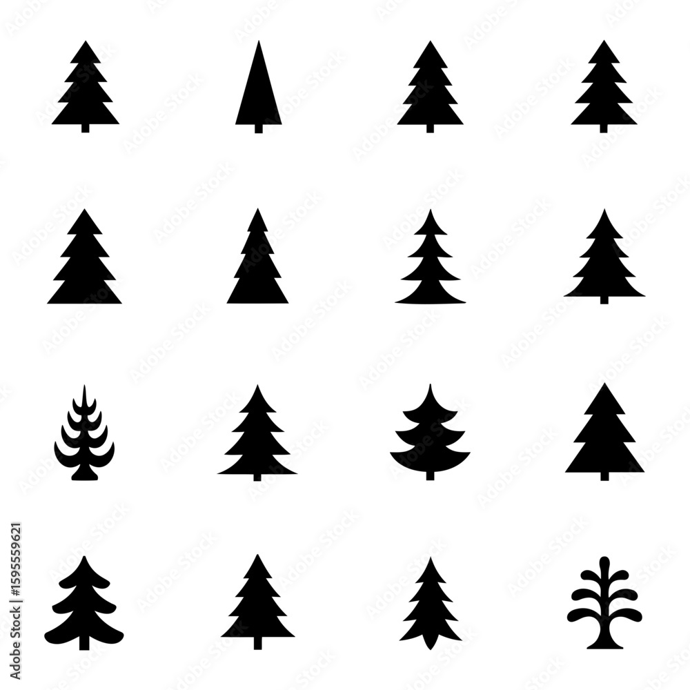Obraz premium Collection of sixteen stylized christmas tree icons in various shapes and sizes arranged in a grid pattern