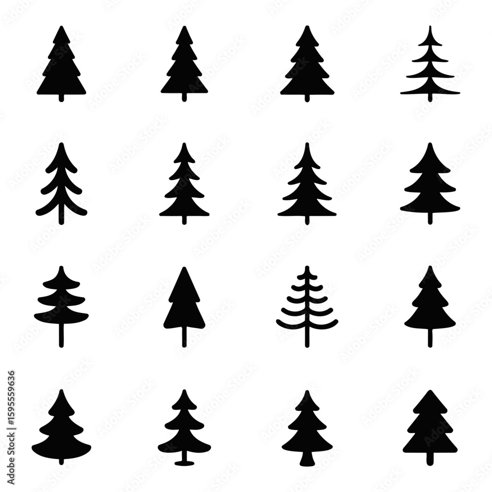 Obraz premium Collection of sixteen stylized christmas trees with varying shapes and designs arranged on a white background