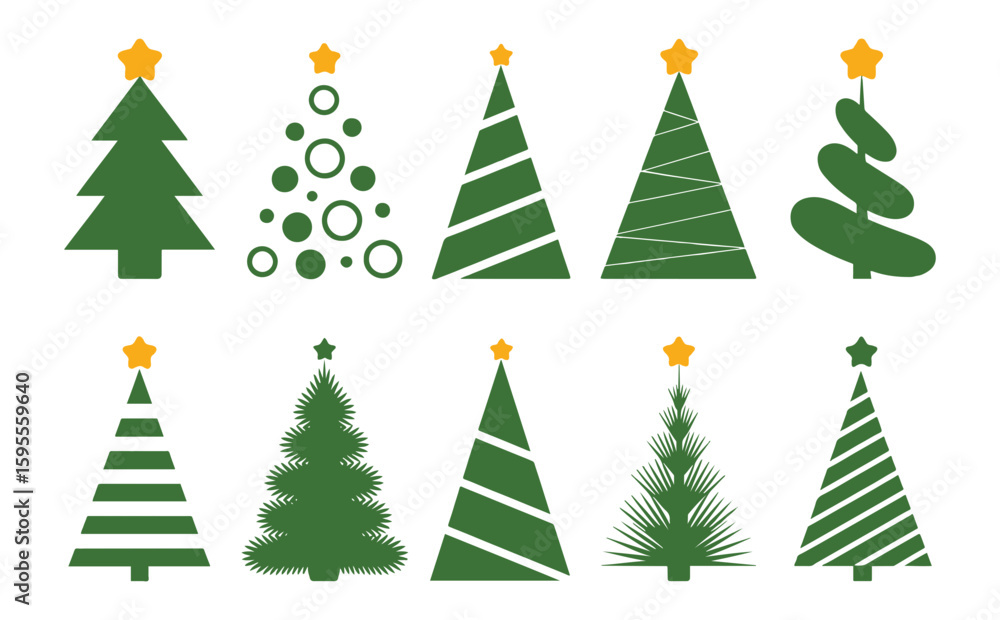 Obraz premium Illustration showcasing ten varied green christmas trees adorned with stars against a white background scene