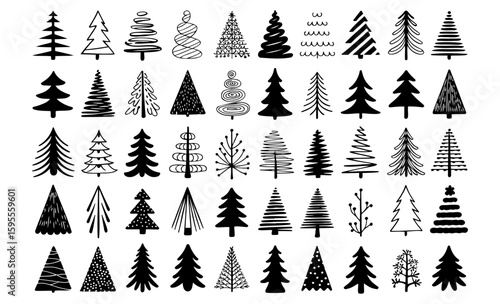 Collection of forty two hand drawn christmas trees in various styles and shapes in black and white vector