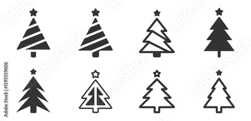 Collection of eight christmas tree icons with different designs and star toppers in black and white style