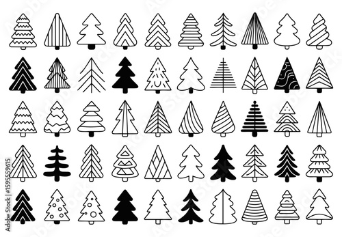 Collection of forty two stylized christmas trees in various shapes and patterns arranged in rows and columns