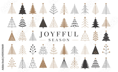 Collection of stylized christmas trees in various designs and colors with a joyful season message centered