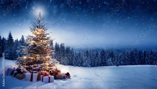 magical winter night with christmas tree and gifts