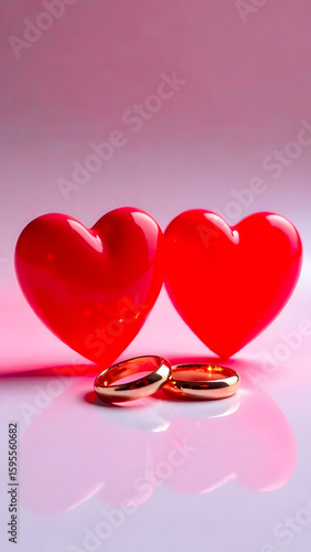 Mockup of neon 3D pink hearts with wedding rings on pink background with space for text.