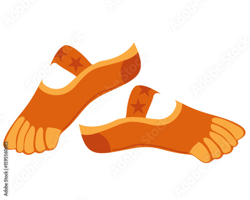 Funny orange toe socks with white detail and a star print, cartoon vector illustration on white background