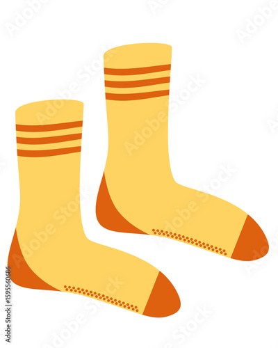 Yellow vintage athletic socks with stripes. Retro sportswear flat vector illustration.