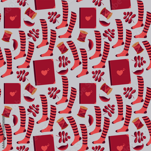 Seamless pattern with striped socks, books, and warm motifs. Autumn comfort and hygge vibes in vector style.