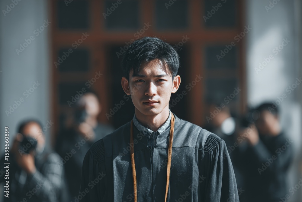 Fototapeta premium Graduation ceremony captures a young graduate in traditional robes surrounded by photographers at a significant milestone